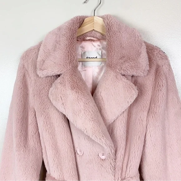 STAND STUDIO Fausta Jacket Faux Fur Colorblock Double Breasted Waist Tie M - Picture 5 of 16